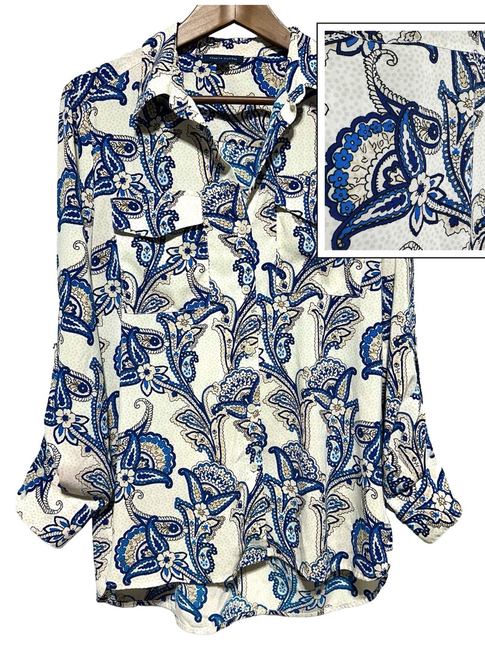 TOMMY HILFIGER Paisley Button Down Blouse Coastal Boho Preppy - Picture 1 of 9